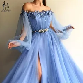 Sexy Slit Chiffon Long Evening Dresses 2022 Women Formal Gowns Lantern Sleeves Prom Gowns For Party Flowers Vestidos De Fiesta