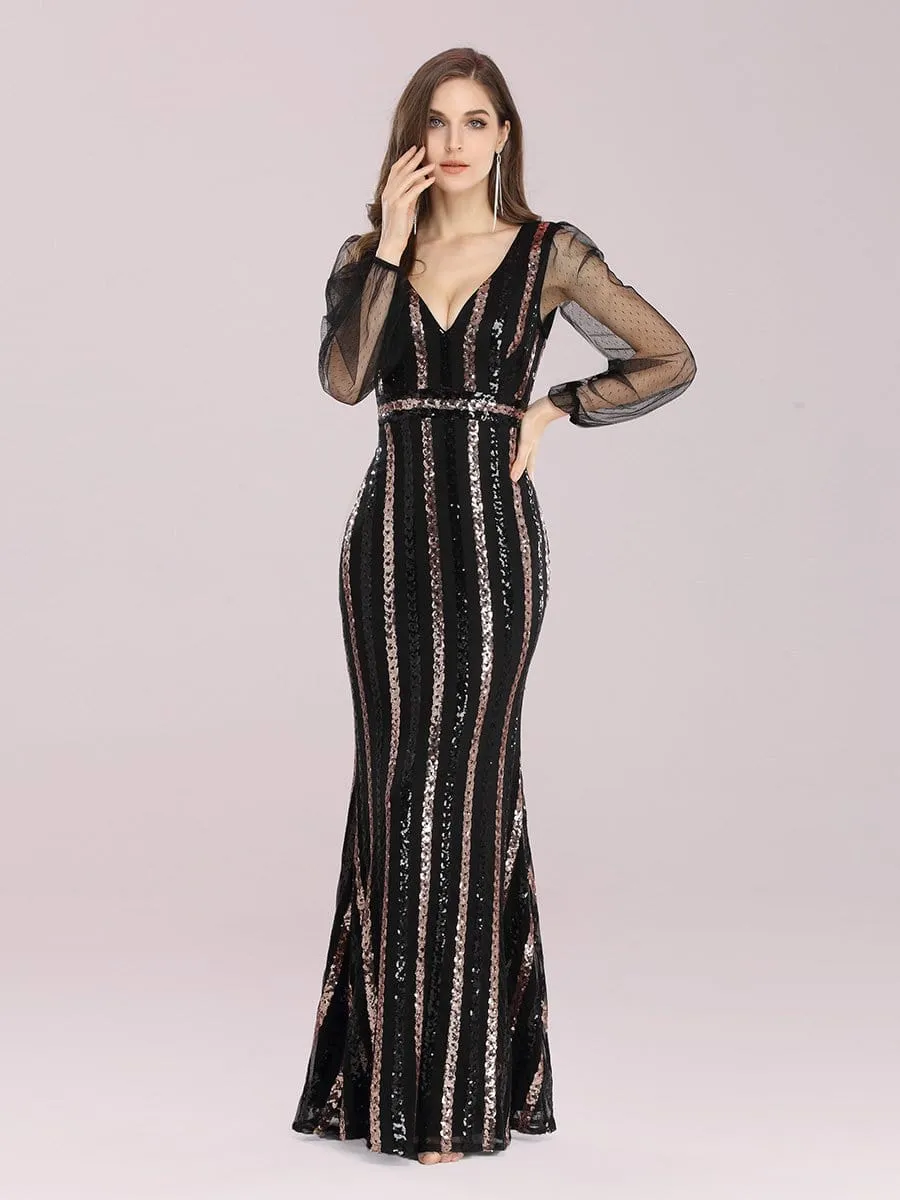 Shiny Mermaid Sequin Evening Dress with See-through Sleeves