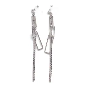 Silver chain and rectangular motif invisible clip on earrings