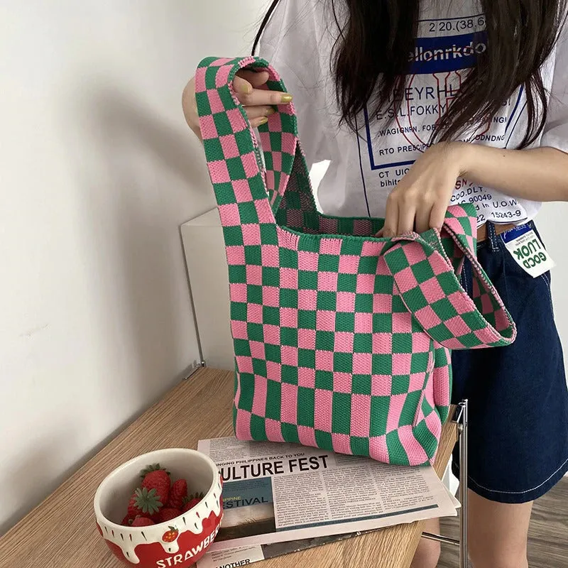 Small and Cute Checkered Knitted Tote Handbags