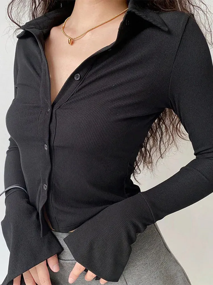 Solid Slim Long-sleeve Streetwear Blouse