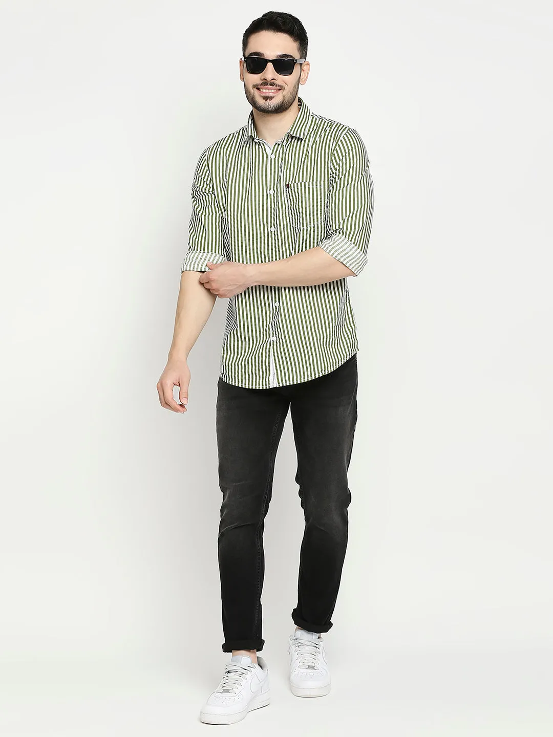 Spykar Cactus Green Cotton Full Sleeve Striped Shirt For Men