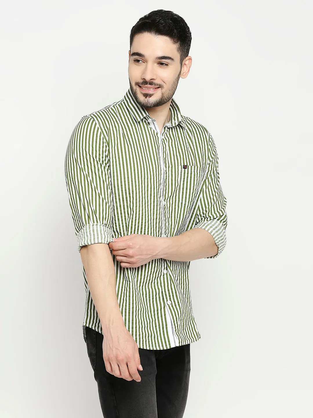 Spykar Cactus Green Cotton Full Sleeve Striped Shirt For Men