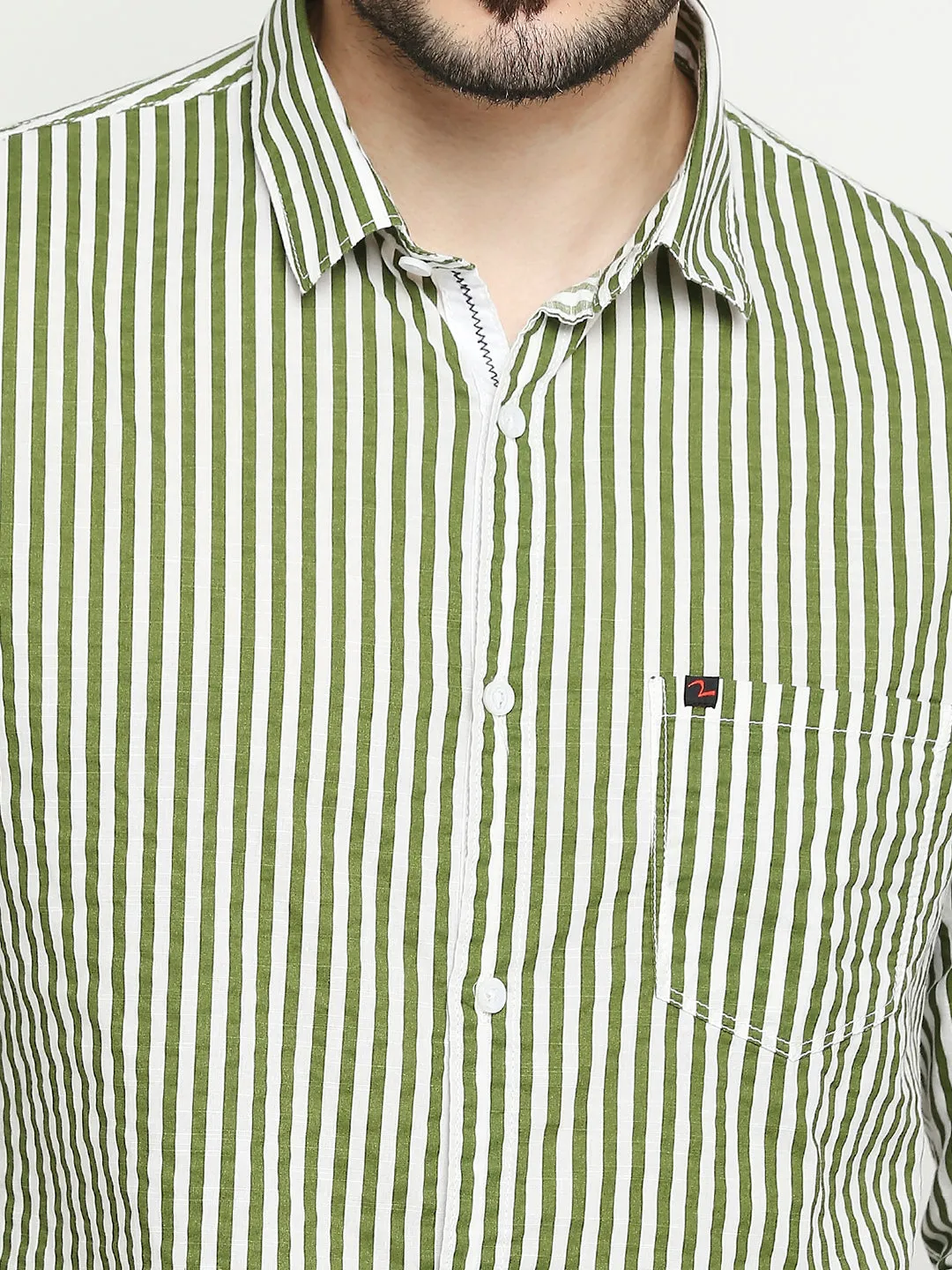 Spykar Cactus Green Cotton Full Sleeve Striped Shirt For Men