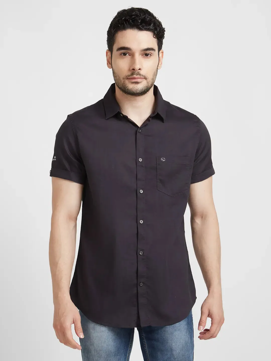 Spykar Men Charcoal Grey Dyed Regular Slim Fit Half Sleeve Plain Shirt