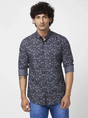 Spykar Men Dark Grey Poplin Regular Slim Fit Full Sleeve Causal Printed Shirt