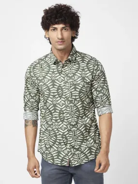 Spykar Men Rifle Green Cotton Regular Slim Fit Full Sleeve Causal Printed Shirt