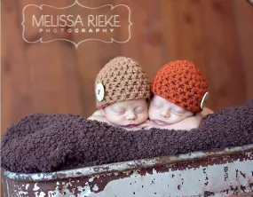 Twin Baby Button Beanie Hats Orange Beige