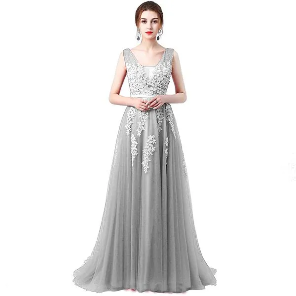 Vestido de festa New Coming Robe De Soiree V Neck with Lace Appliques Long Tulle Party Evening Dresses 2018 Pink Navy Blue Gray