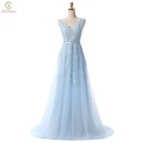 Vestido De Festa SSYFashion Sweet Light Blue Lace V-neck Lacing Long Evening Dress The Bride Party Sexy Backless Prom Dresses