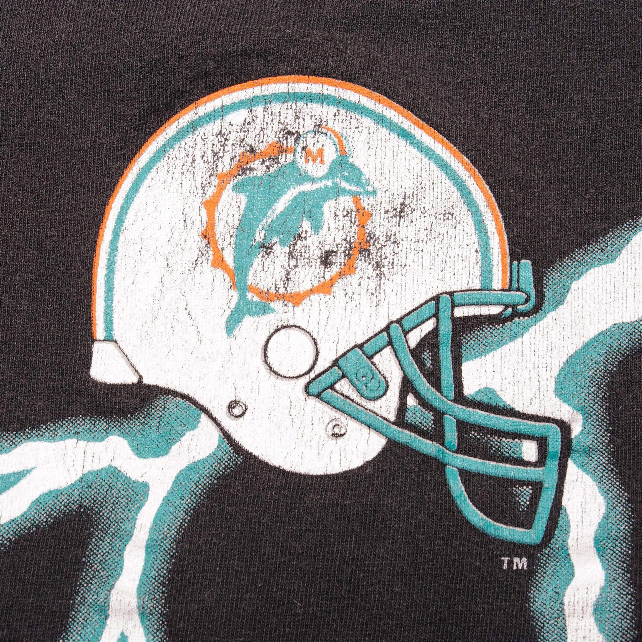 VINTAGE ALL OVER PRINT NFL MIAMI DOLPHINS THUNDER TEE SHIRT 1993 SIZE LARGE MADE IN USA.