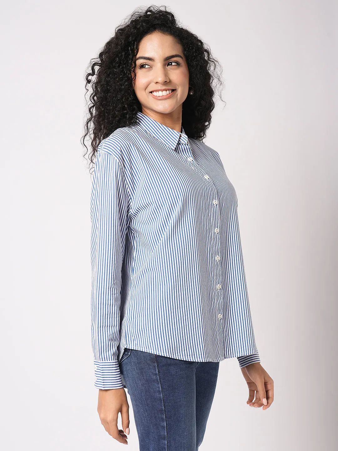 Women Slim Fit Blue/White Oversized Shirt