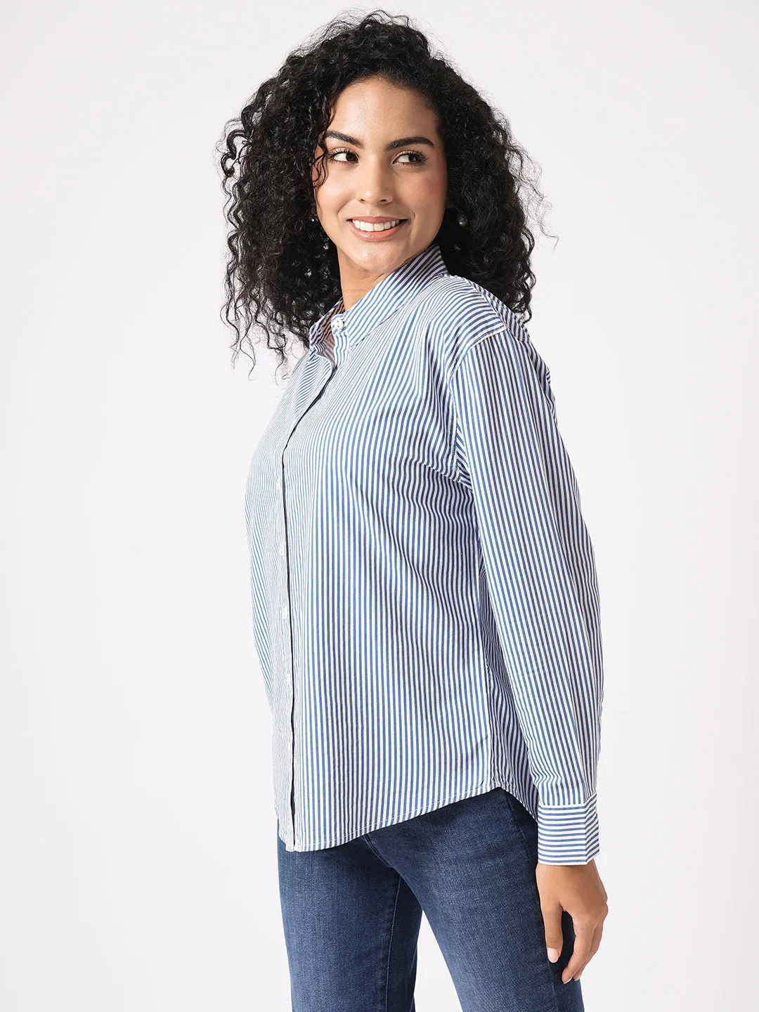 Women Slim Fit Blue/White Oversized Shirt