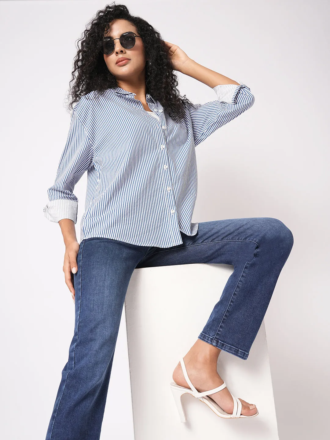 Women Slim Fit Blue/White Oversized Shirt