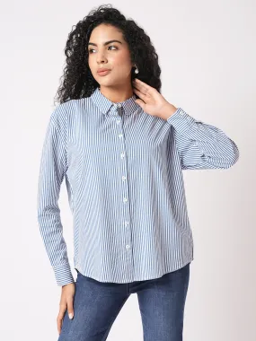 Women Slim Fit Blue/White Oversized Shirt