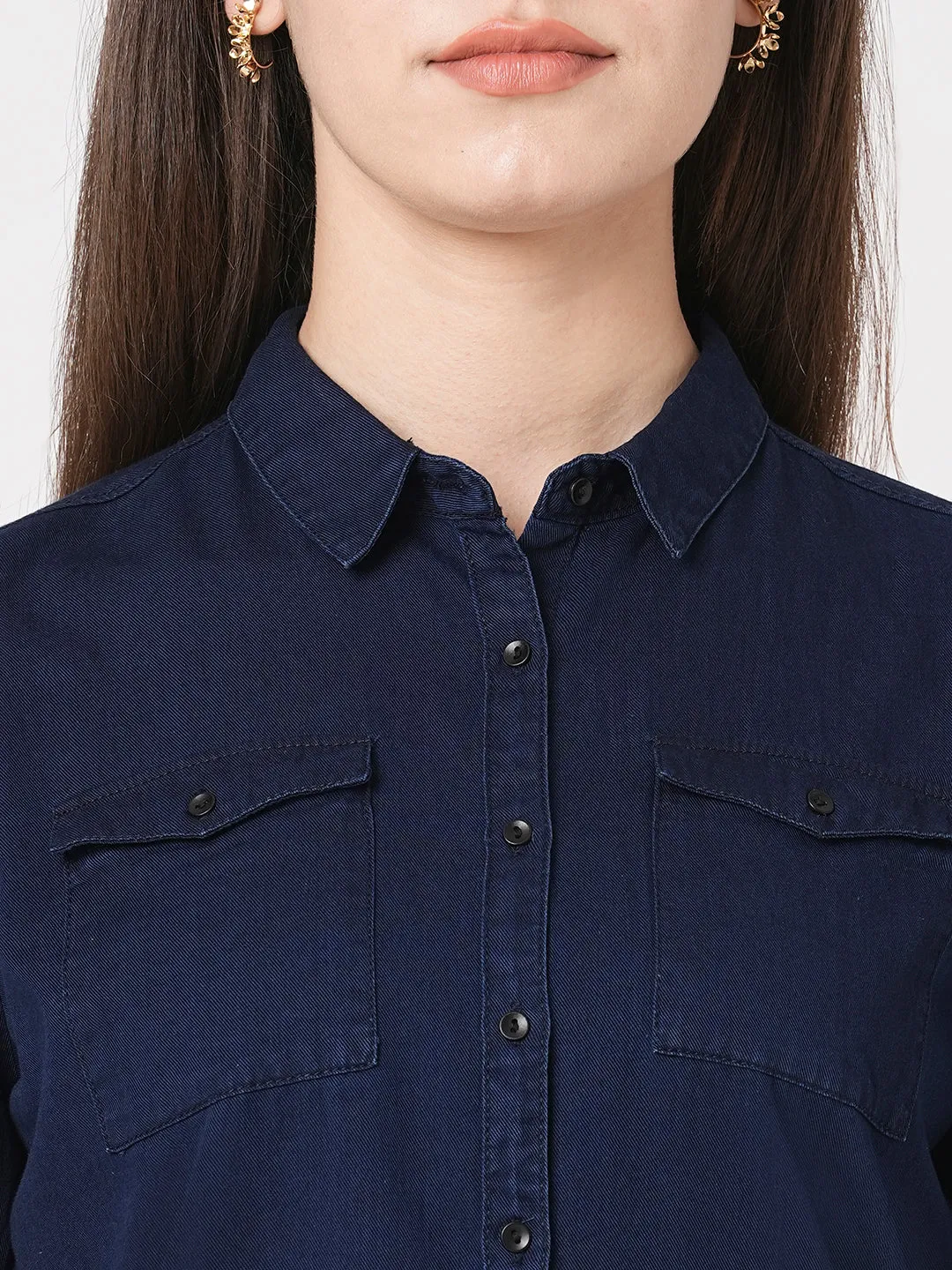 Women Slim Fit Ink Blue Casual Shirt