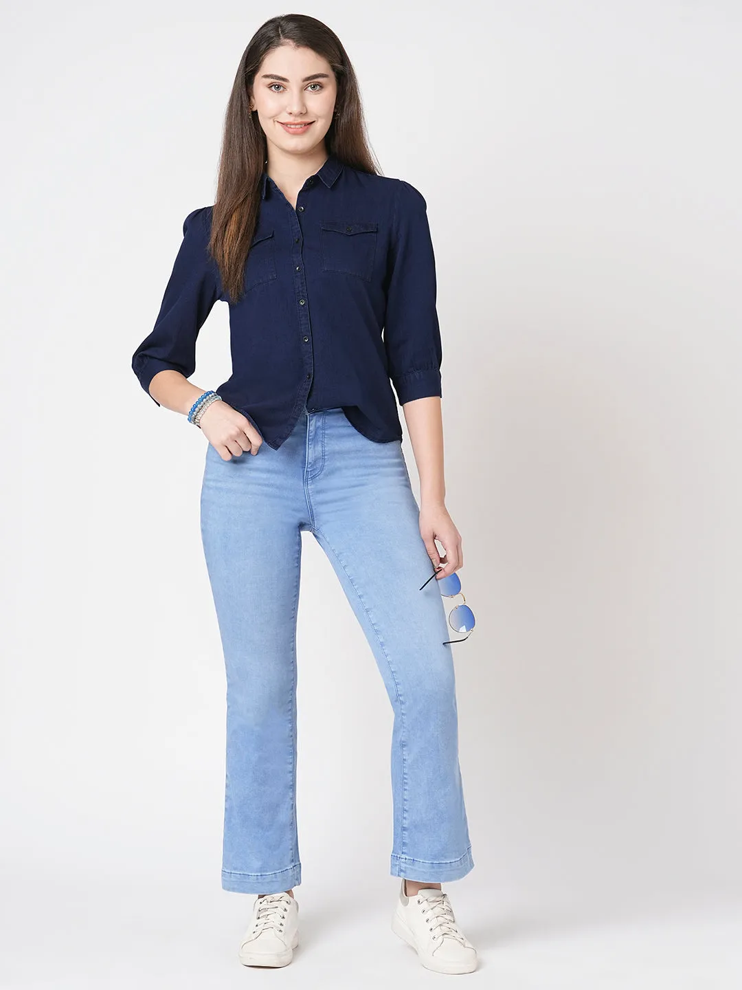 Women Slim Fit Ink Blue Casual Shirt