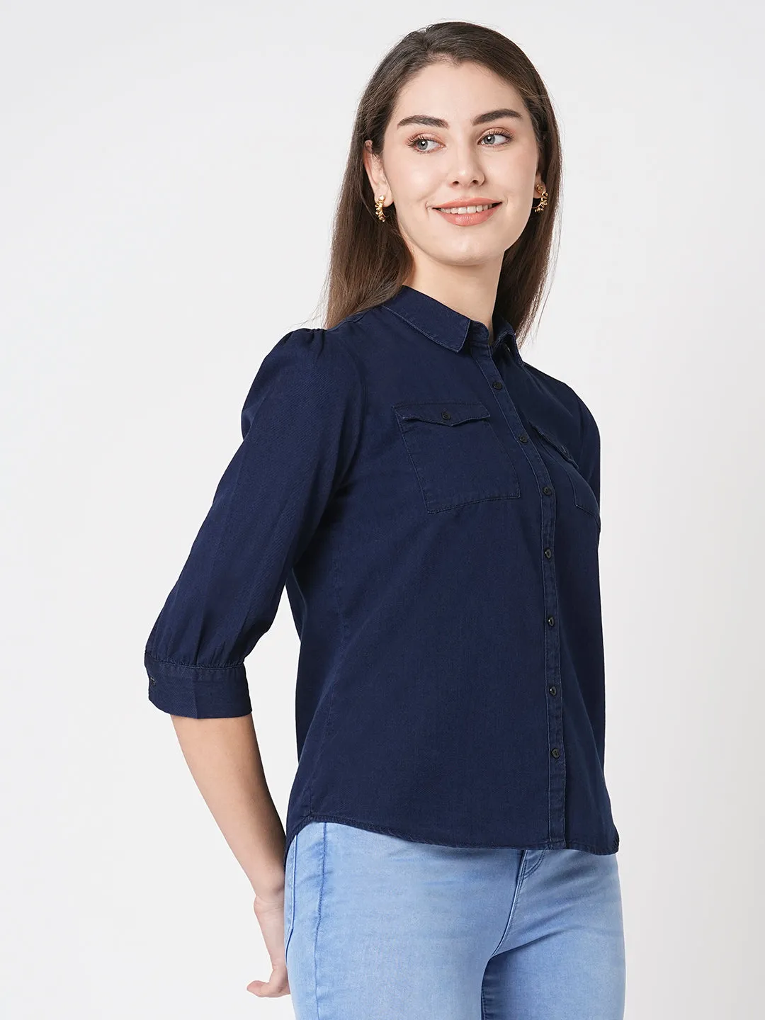 Women Slim Fit Ink Blue Casual Shirt