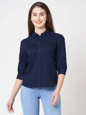 Women Slim Fit Ink Blue Casual Shirt