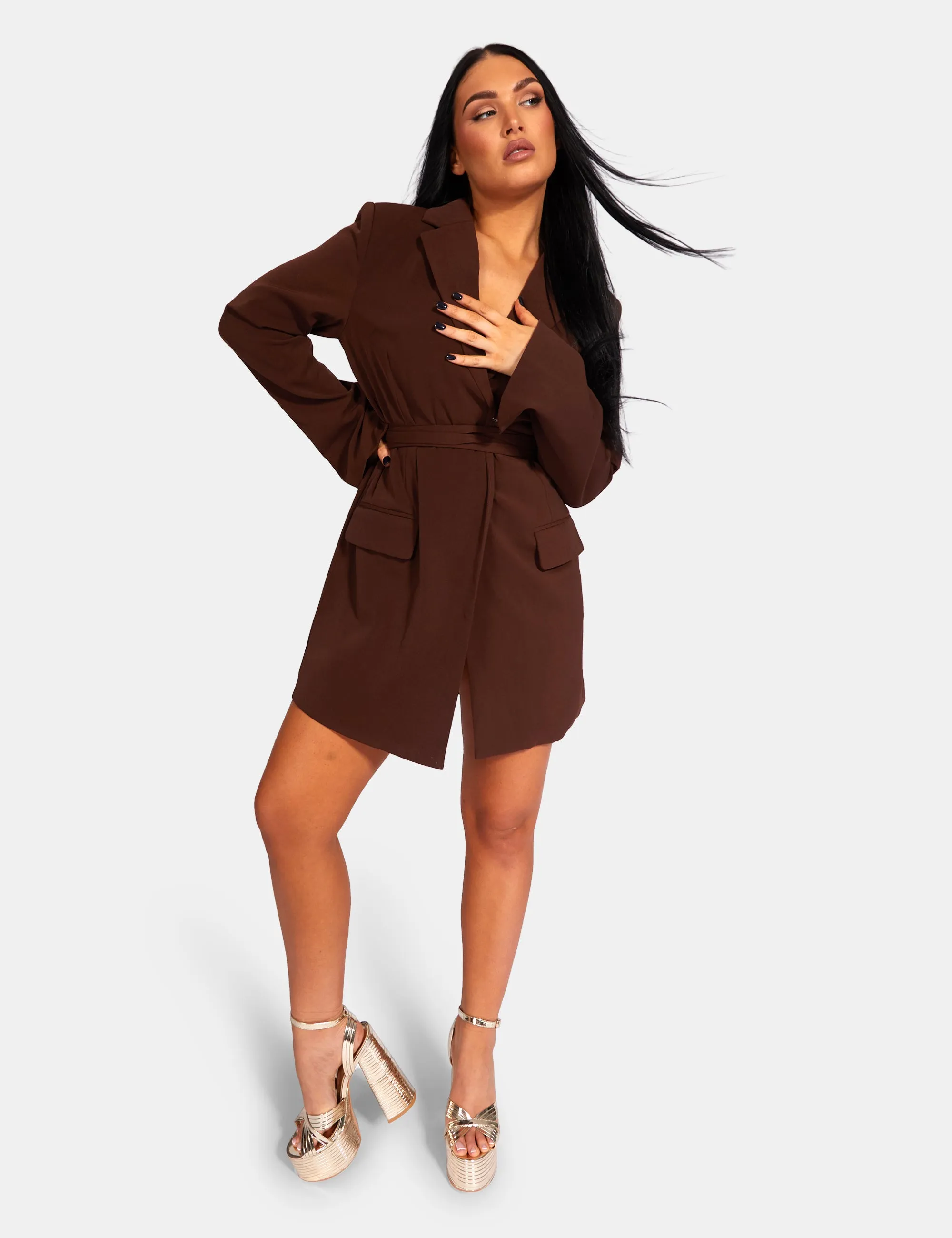 Wrap Belt Blazer Dress Chocolate