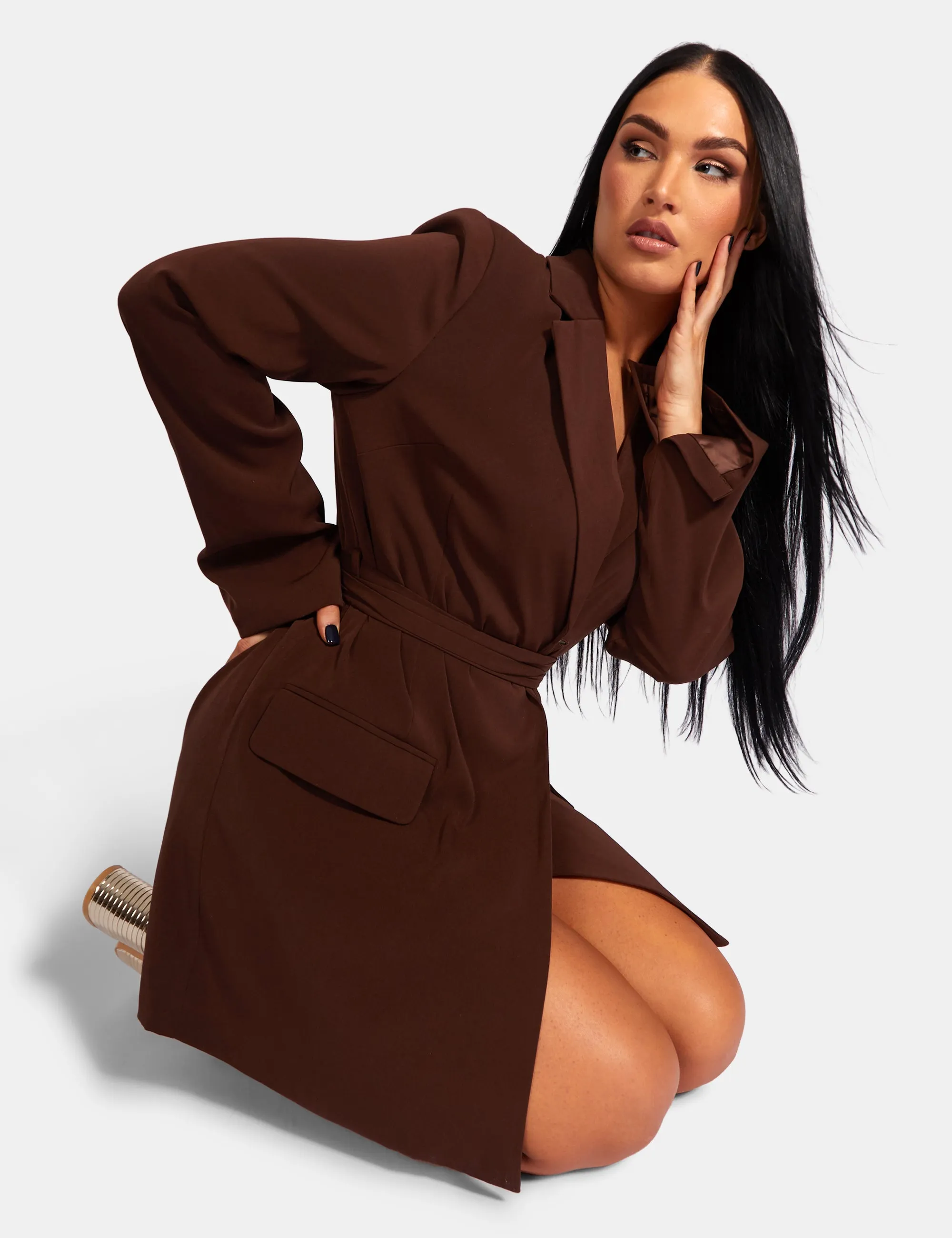 Wrap Belt Blazer Dress Chocolate